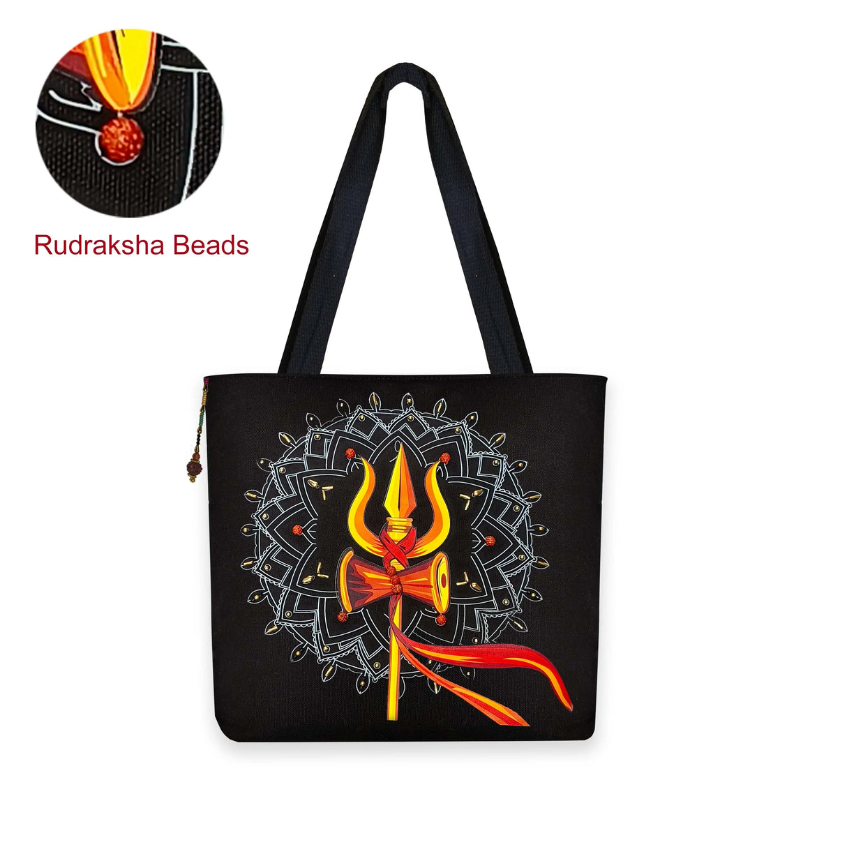 The Purani Jeans Damru Trishul Black Bag | Handmade Denim Spiritual Shoulder Bag