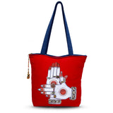 The Purani Jeans Dance of the Hands Tote Bag Red | Handmade Artistic Denim Carry Bag