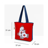 The Purani Jeans Dance of the Hands Tote Bag Red | Handmade Artistic Denim Carry Bag