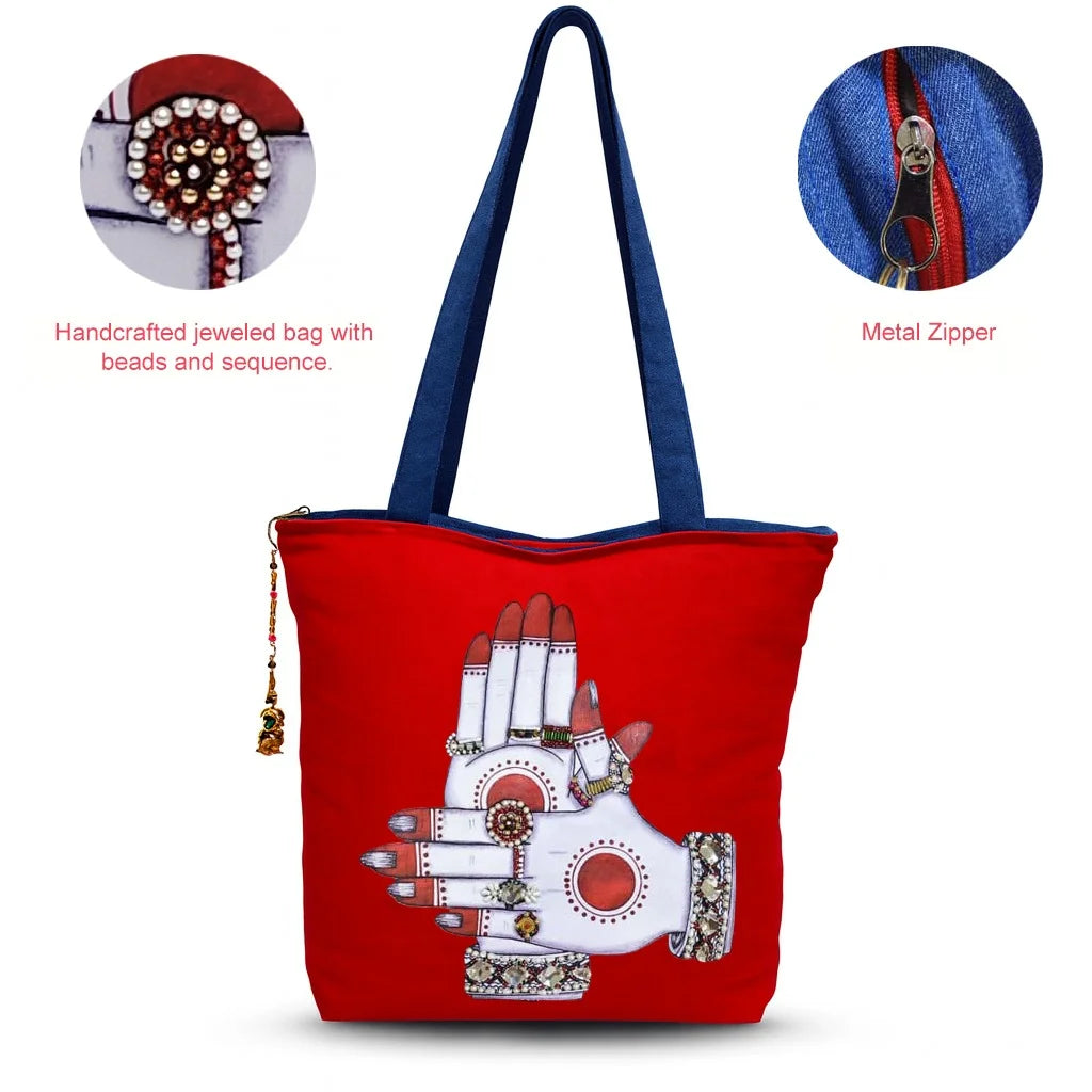The Purani Jeans Dance of the Hands Tote Bag Red | Handmade Artistic Denim Carry Bag