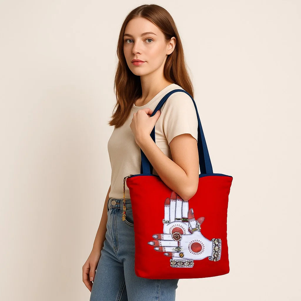The Purani Jeans Dance of the Hands Tote Bag Red | Handmade Artistic Denim Carry Bag