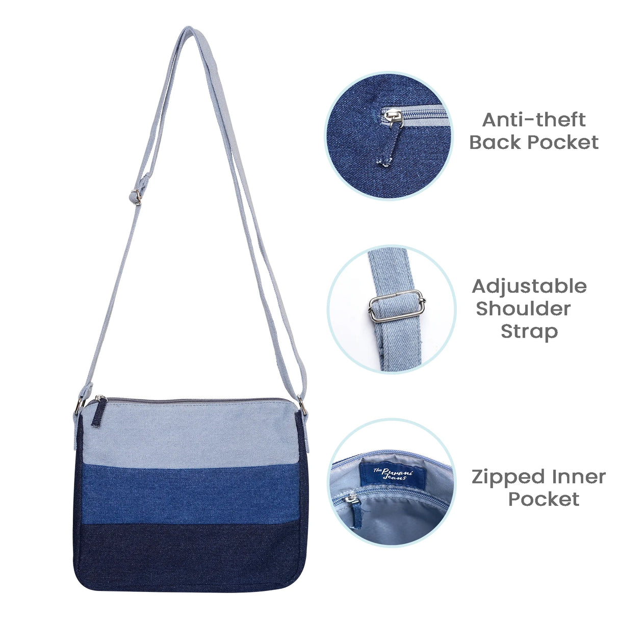 The Purani Jeans Denim Horizontal Stripes Sling Bag | Handmade Denim Crossbody Bag