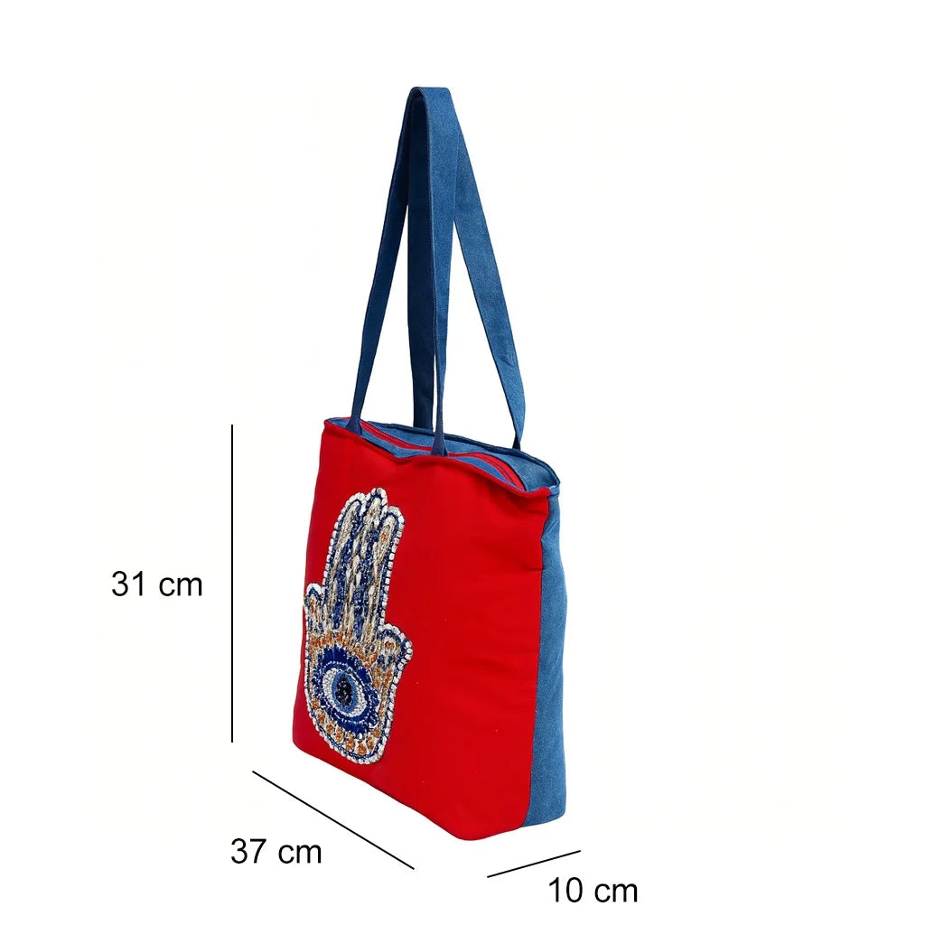 The Purani Jeans Evil Eye Shield Tote Bag | Red Denim Handmade Carry Bag