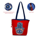 The Purani Jeans Evil Eye Shield Tote Bag | Red Denim Handmade Carry Bag