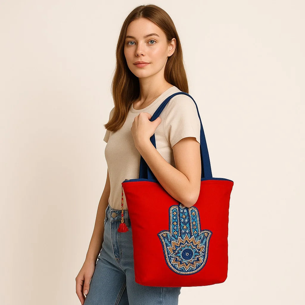The Purani Jeans Evil Eye Shield Tote Bag | Red Denim Handmade Carry Bag