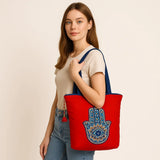 The Purani Jeans Evil Eye Shield Tote Bag | Red Denim Handmade Carry Bag