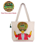 The Purani Jeans Kathakali Canvas Tote Bag | Off-White Denim Handmade Artistic Carry Bag