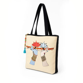 The Purani Jeans Radha Krishna Flute Tote Bag | Off-White Denim Handmade Artistic Carry Bag
