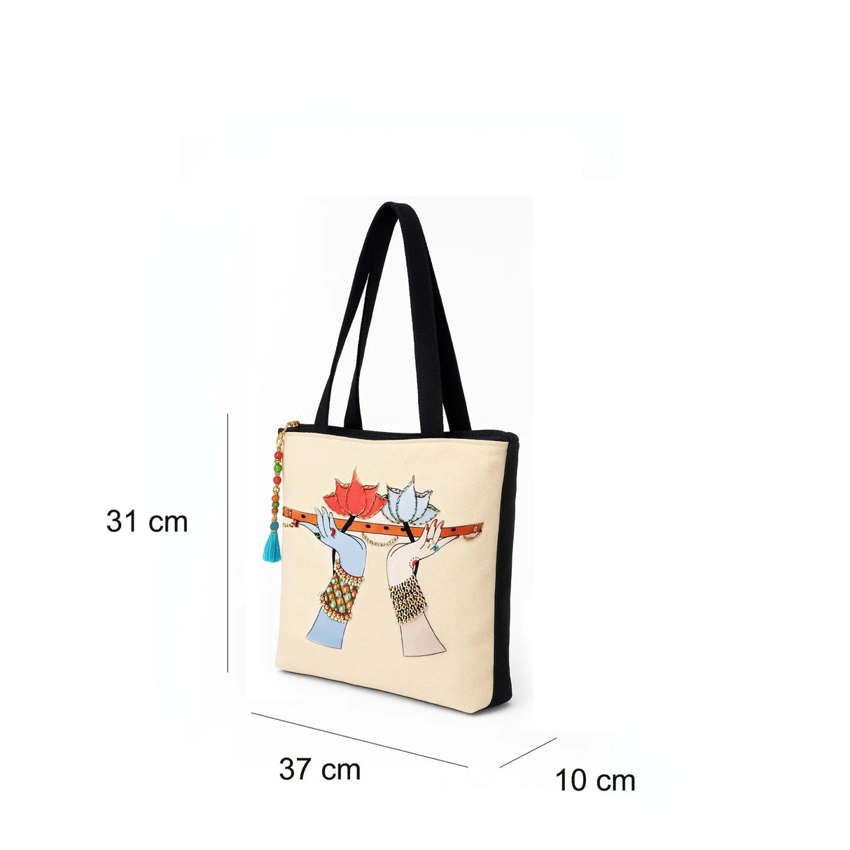 The Purani Jeans Radha Krishna Flute Tote Bag | Off-White Denim Handmade Artistic Carry Bag