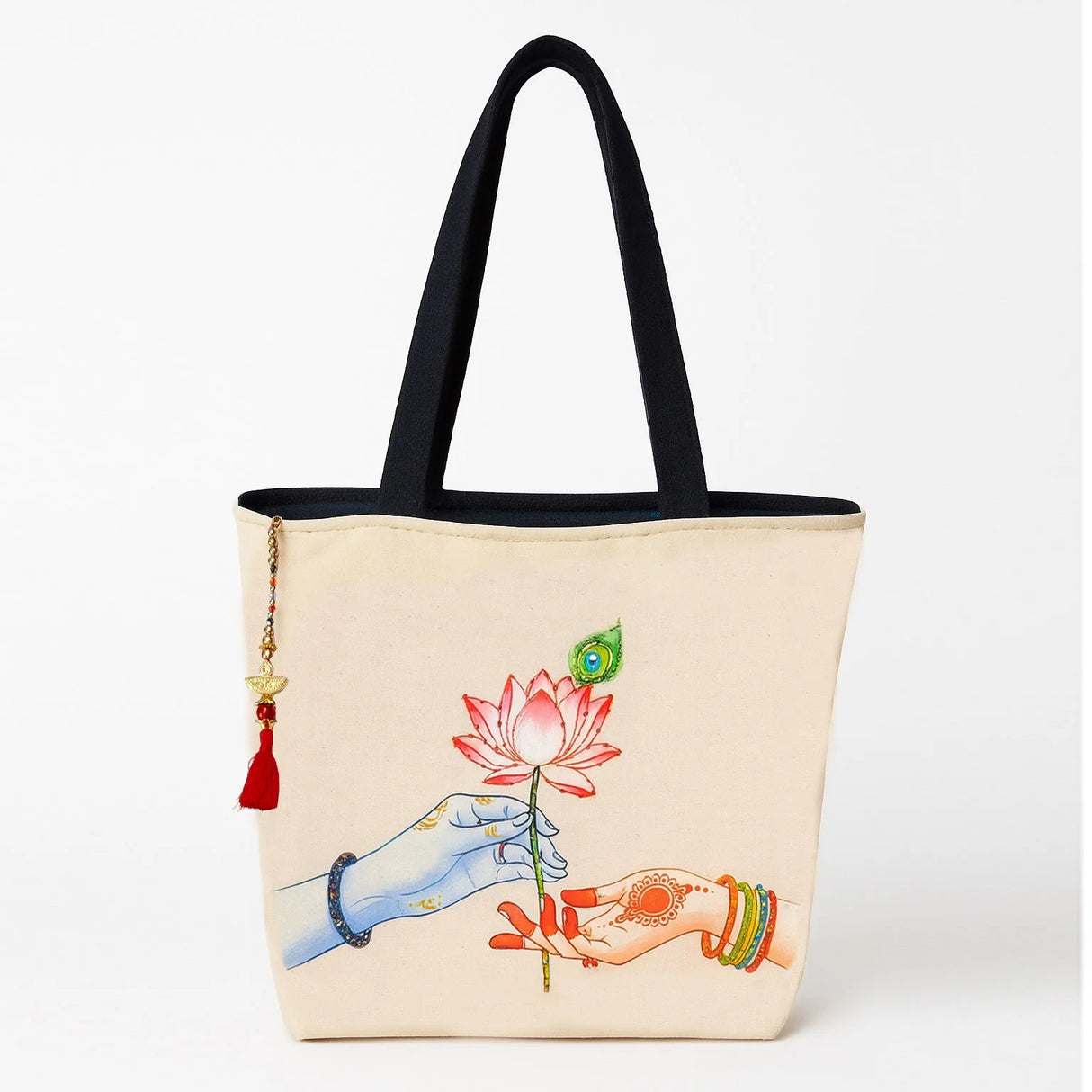 The Purani Jeans Radha Krishna Lotus Tote Bag | Off-White Denim Handmade Artistic Carry Bag