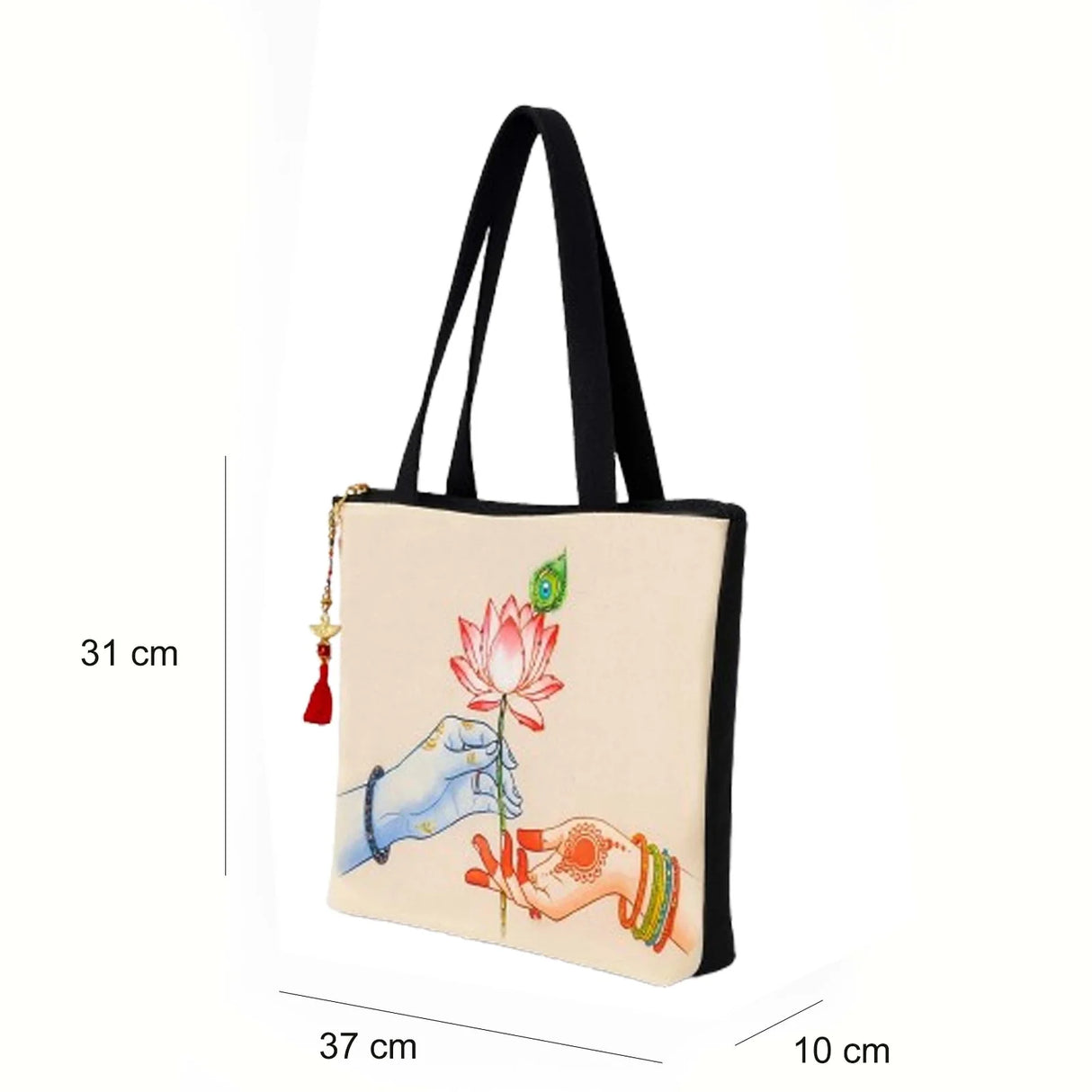 The Purani Jeans Radha Krishna Lotus Tote Bag | Off-White Denim Handmade Artistic Carry Bag
