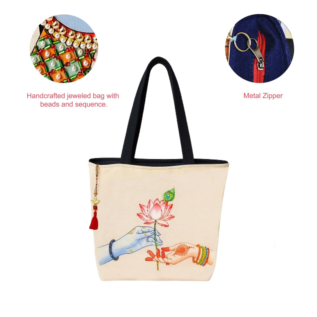 The Purani Jeans Radha Krishna Lotus Tote Bag | Off-White Denim Handmade Artistic Carry Bag