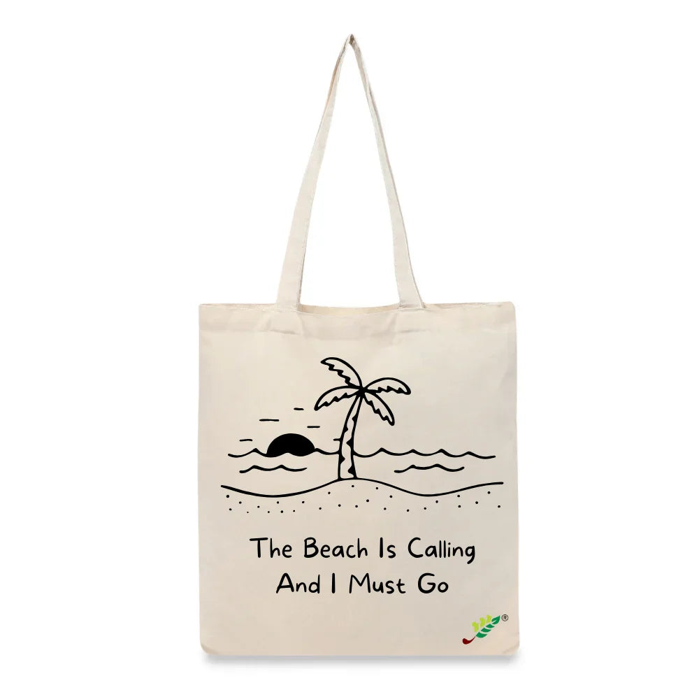 BYFT Tropical Beach Tote Bag – “The Beach Is Calling” Nautical Printed Reusable Tote | Eco-Friendly Daily Carry Bag (Set of 1)