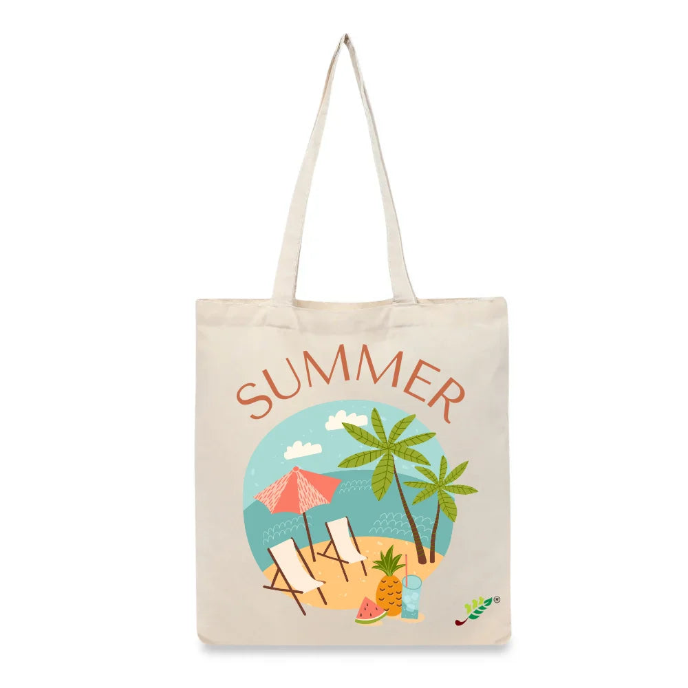 BYFT Tropical Beach Tote Bag – “SUMMER” Vacation Scene Printed Reusable Tote | Eco-Friendly Daily Carry Bag (Set of 1)