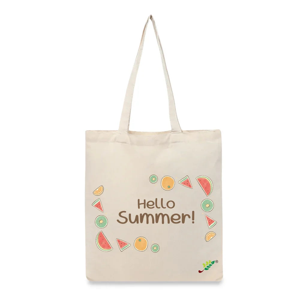 BYFT Summer Fruit Tote Bag – “Hello Summer!” Refreshing Watermelon & Kiwi Printed Reusable Tote | Eco-Friendly Daily Carry Bag (Set of 1)