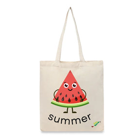 BYFT Happy Watermelon Slice Tote Bag "Summer" Kawaii Fruit Character Reusable Tote | Eco-Friendly Daily Carry Bag (Set of 1)