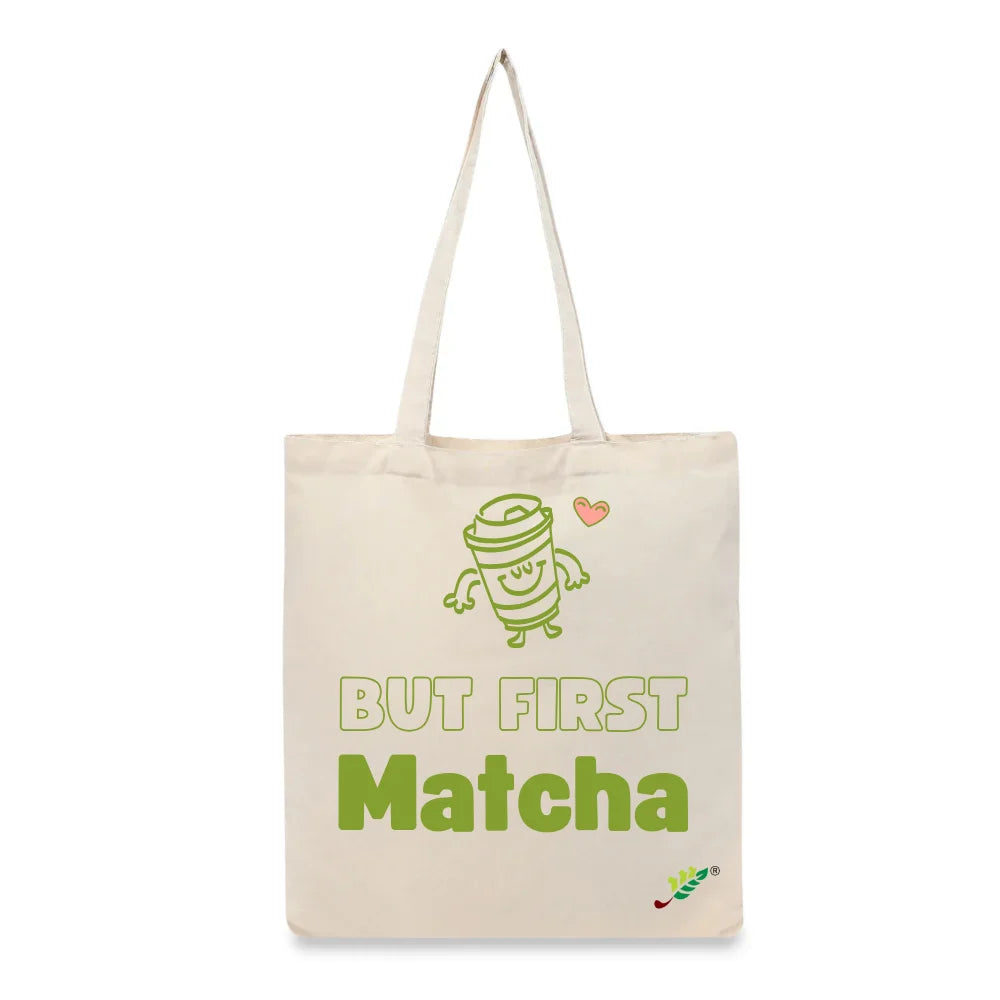 BYFT Cute Typography Tote Bag – “But First Matcha” Playful Printed Tote | Reusable Daily Carry (Set of 1)