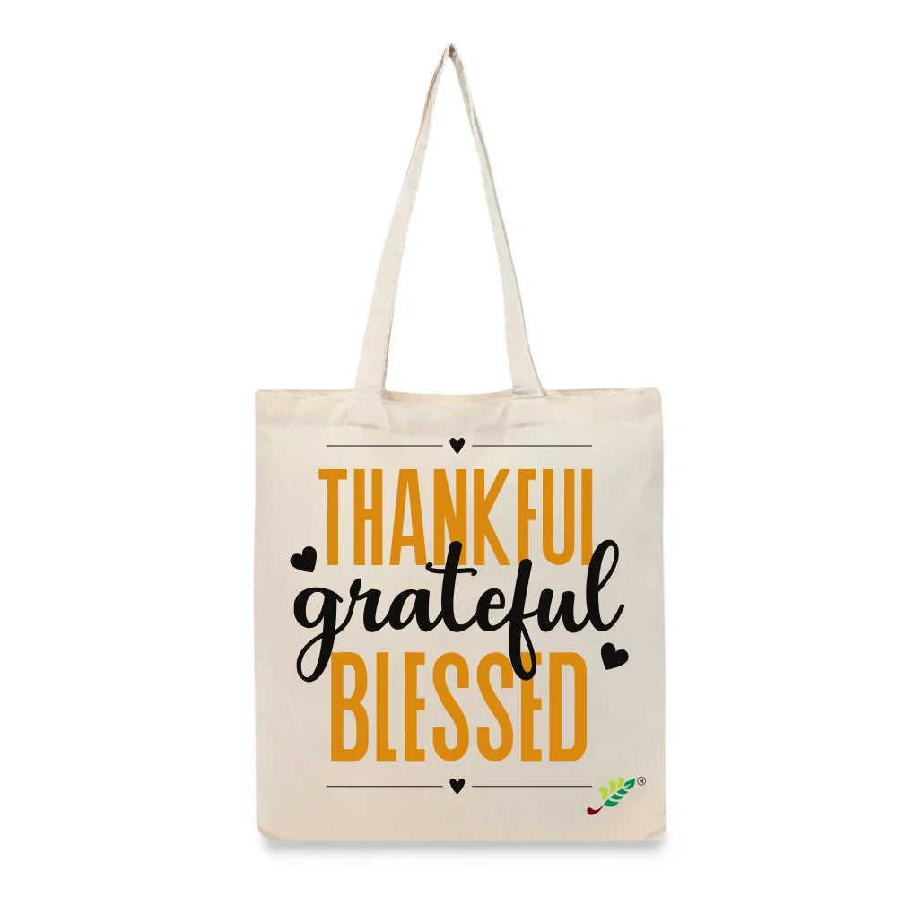 BYFT Inspirational Tote Bag – “Thankful Grateful Blessed” Printed Reusable Tote | Eco-Friendly Daily Carry Bag (Set of 1)