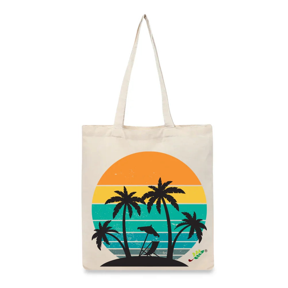 BYFT Retro Sunset & Palms Tote Bag – Vintage Tropical Beach Printed Reusable Tote | Eco-Friendly Daily Carry Bag (Set of 1)