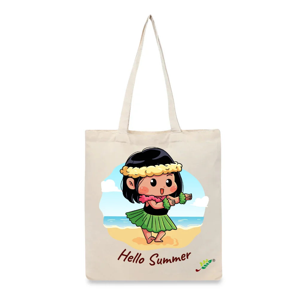 BYFT Little Island Dancer Tote Bag – “Hello Summer” Hula Girl Printed Reusable Tote | Eco-Friendly Daily Carry Bag (Set of 1)