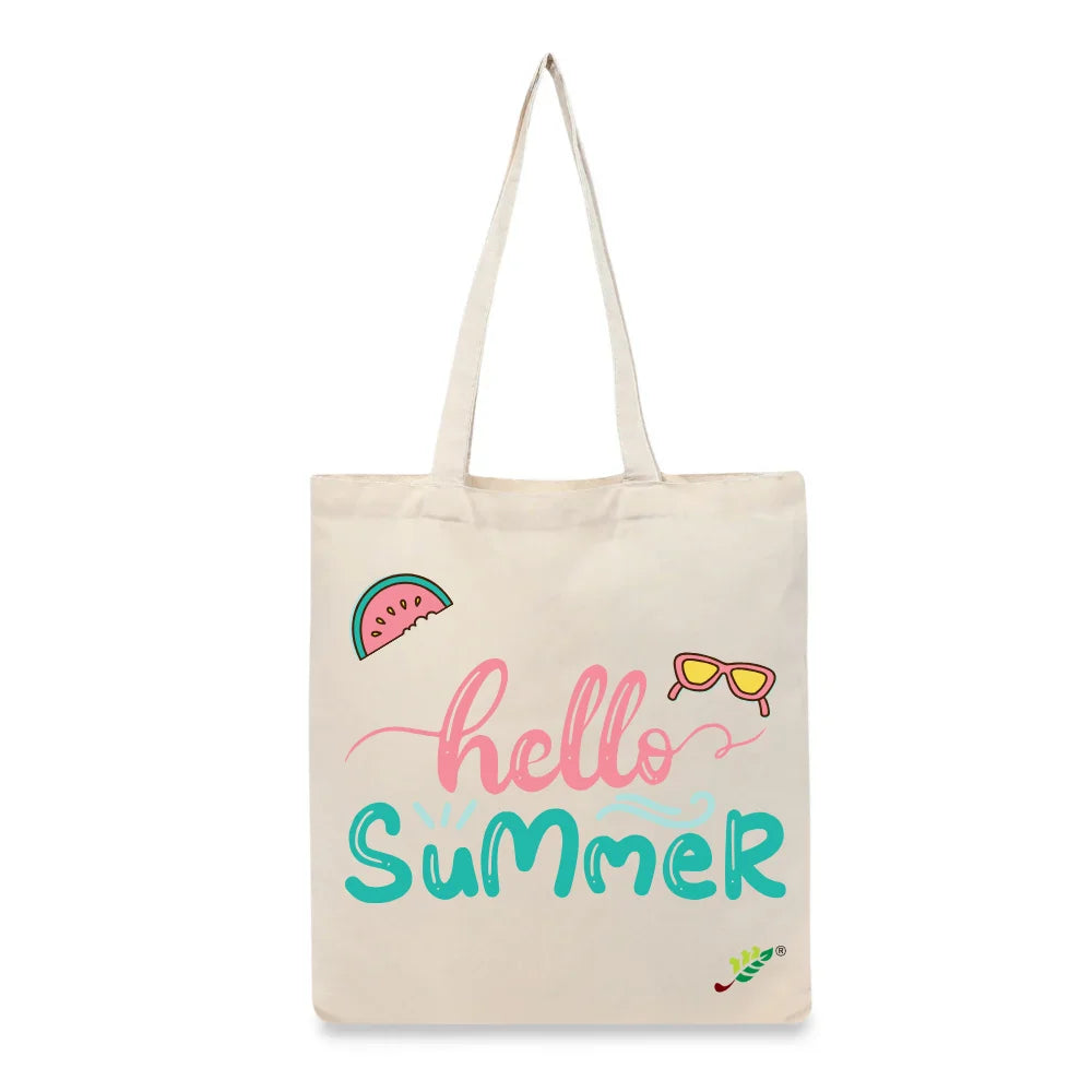 BYFT Tropical Beach Tote Bag – “Hello Summer” Script with Watermelon & Sunglasses Reusable Tote | Eco-Friendly Daily Carry Bag (Set of 1)