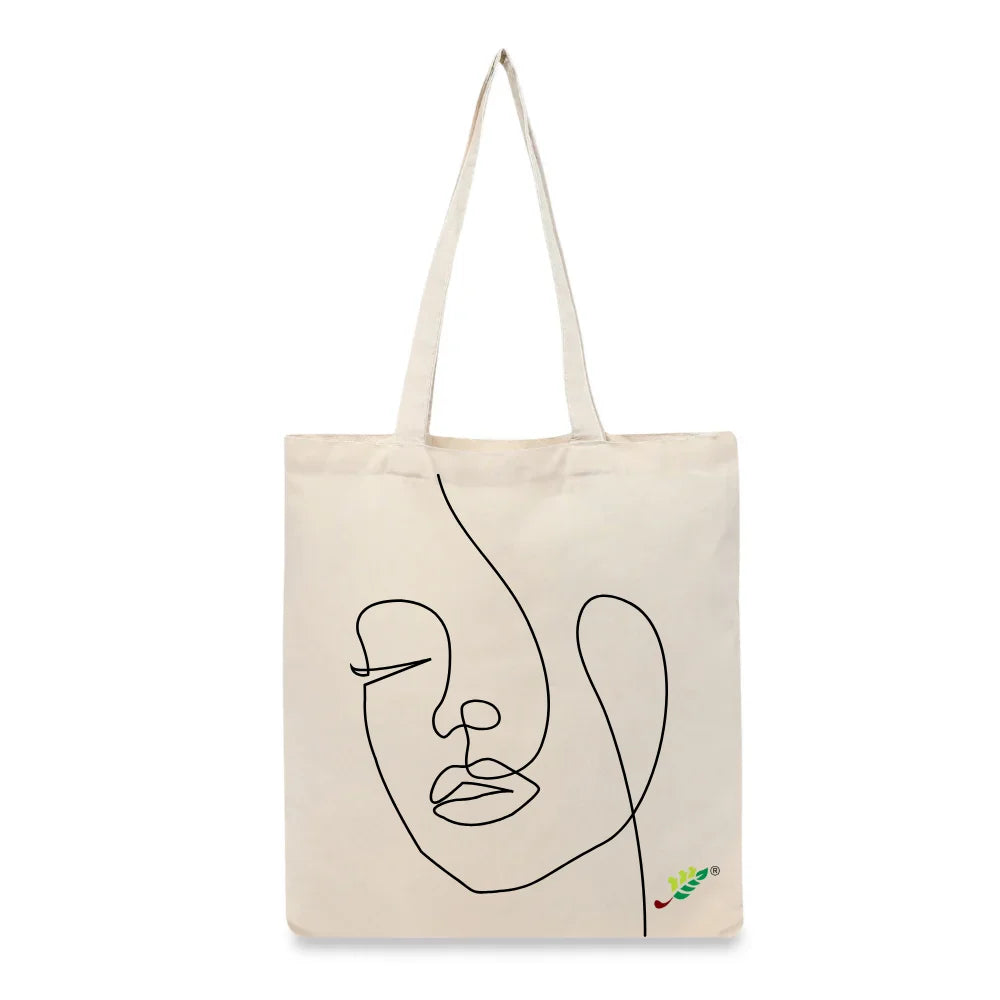 BYFT Minimalist Face Art Tote Bag – “Line of Being” One-Line Printed Reusable Tote | Eco-Friendly Daily Carry Bag (Set of 1)