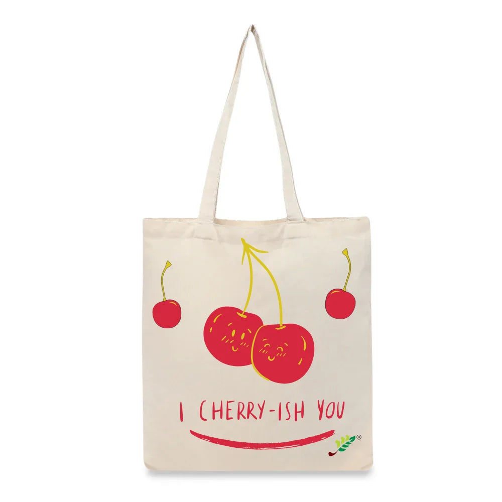BYFT Whimsical Fruit Tote Bag – “I Cherry-ish You” Artistic Printed Reusable Tote | Eco-Friendly Daily Carry Bag (Set of 1)