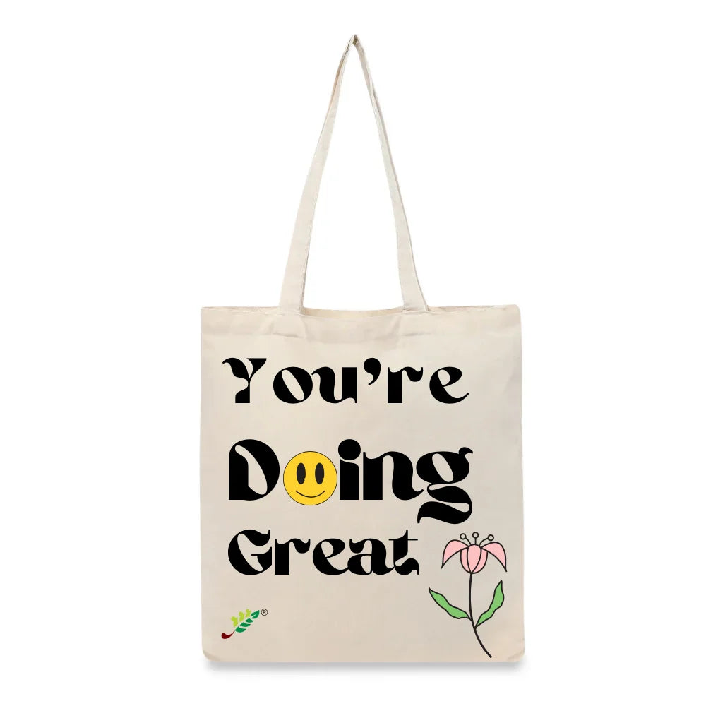 BYFT Retro "You're Doing Great" Tote Bag – Groovy Smiley Face & Floral Printed Reusable Tote | Eco-Friendly Daily Carry Bag (Set of 1)