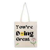 BYFT Retro "You're Doing Great" Tote Bag – Groovy Smiley Face & Floral Printed Reusable Tote | Eco-Friendly Daily Carry Bag (Set of 1)