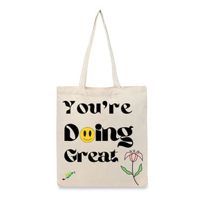 BYFT Retro "You're Doing Great" Tote Bag Groovy Smiley Face & Floral Printed Reusable Tote | Eco-Friendly Daily Carry Bag (Set of 1)