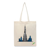 BYFT Modern Cityscape Tote Bag – Dubai Rise Skyline Printed Reusable Tote | Eco-Friendly Daily Carry Bag (Set of 1)