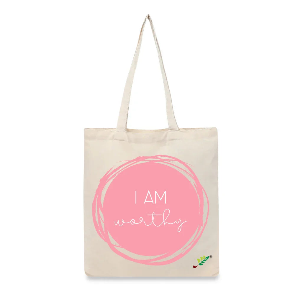 BYFT Affirmation Tote Bag – “I Am Worthy” Pink Artistic Circle Printed Reusable Tote | Eco-Friendly Daily Carry Bag (Set of 1)