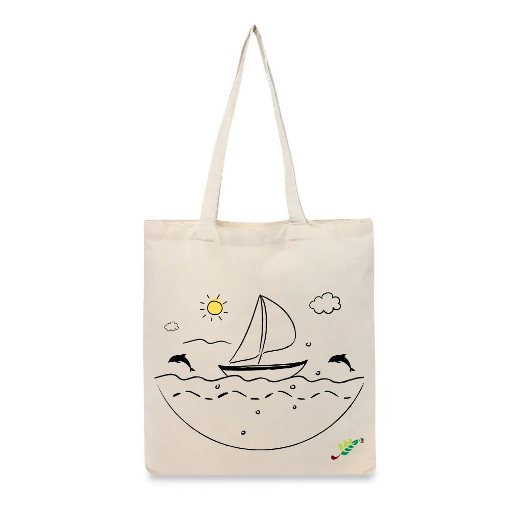 BYFT Nautical Adventure Tote Bag – “Ocean Dreams” Sailboat & Dolphin Printed Reusable Tote | Eco-Friendly Daily Carry Bag (Set of 1)