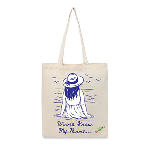BYFT Nautical Women's Tote Bag "Waves Know My Name" Blue Reusable Tote | Eco-Friendly Daily Carry Bag (Set of 1)