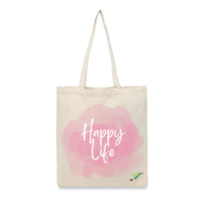 BYFT Aesthetic Lifestyle Tote Bag "Happy Life" Printed Reusable Tote | Eco-Friendly Daily Carry Bag (Set of 1)