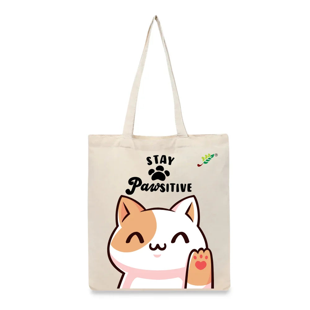 BYFT Happy Cat Tote Bag – “Stay Pawsitive” Waving Kitten Printed Reusable Tote | Eco-Friendly Daily Carry Bag (Set of 1)