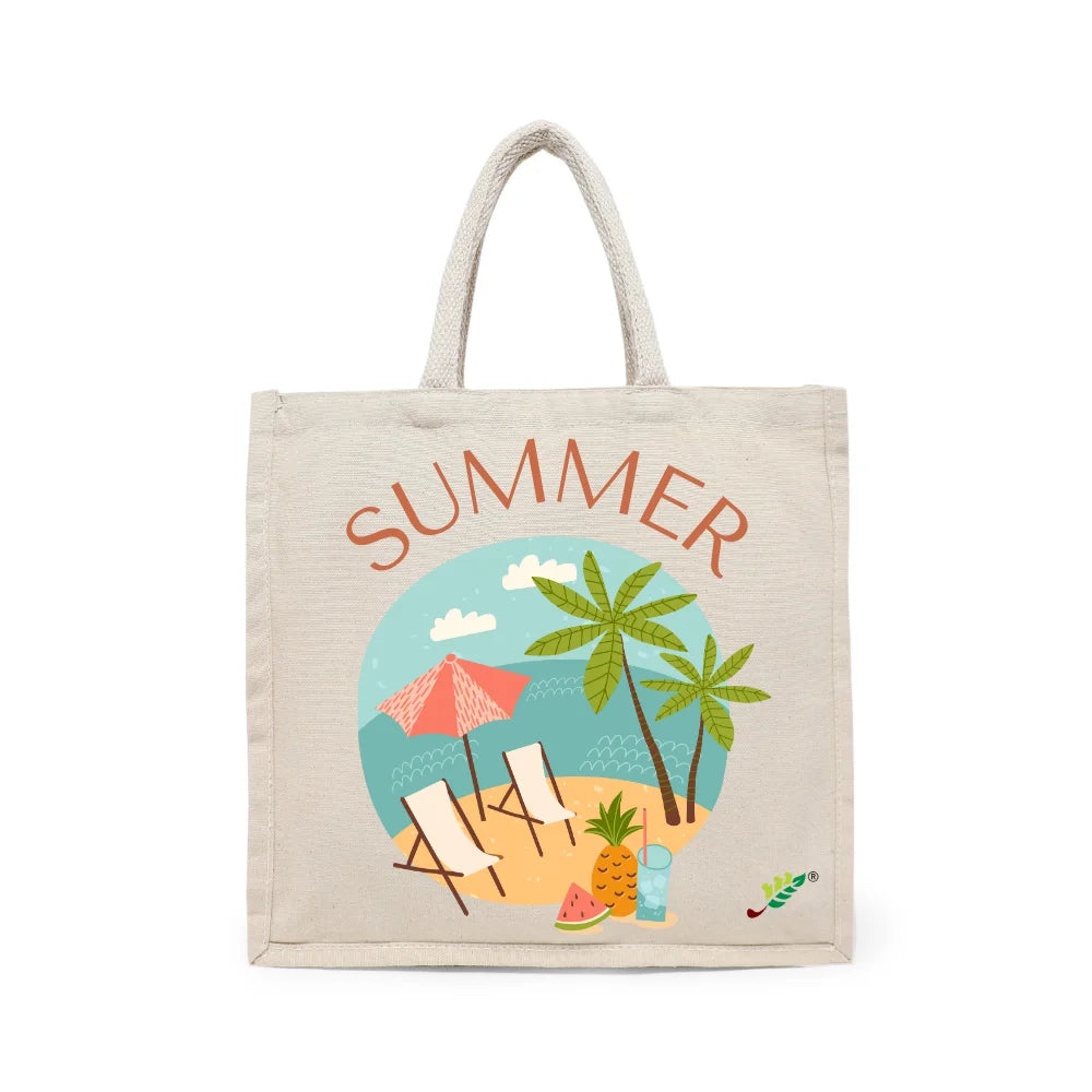 BYFT Tropical Beach Tote Bag – “SUMMER” Vacation Scene Printed Reusable Tote | Eco-Friendly Daily Carry Bag (Set of 1)