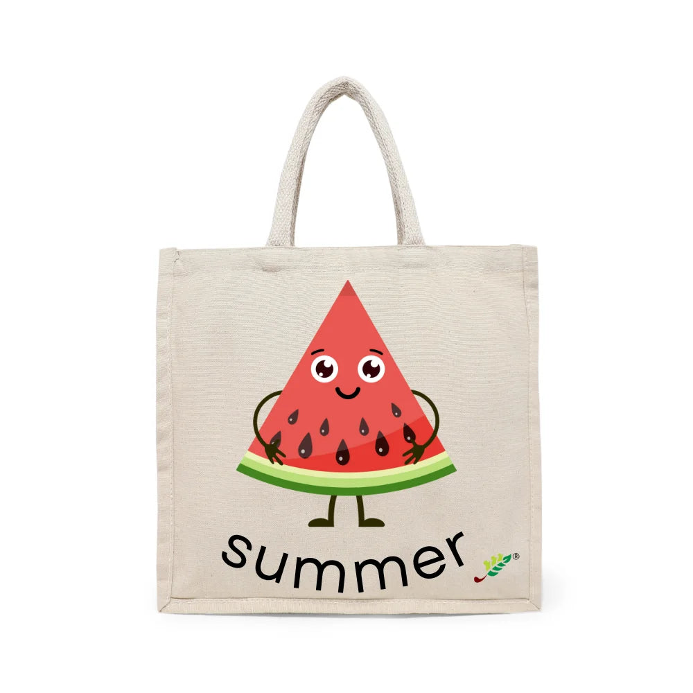 BYFT Happy Watermelon Slice Tote Bag – “Summer” Kawaii Fruit Character Reusable Tote | Eco-Friendly Daily Carry Bag (Set of 1)