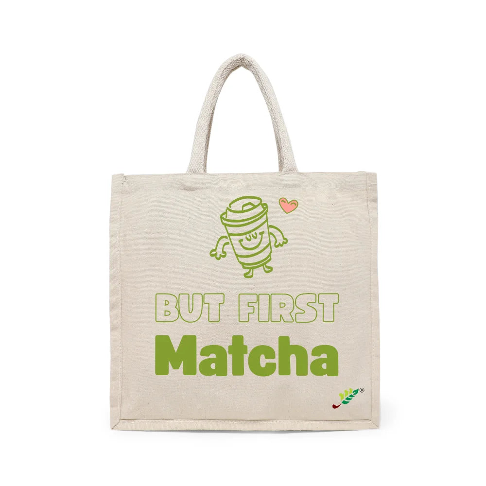 BYFT Cute Typography Tote Bag – “But First Matcha” Playful Printed Tote | Reusable Daily Carry (Set of 1)