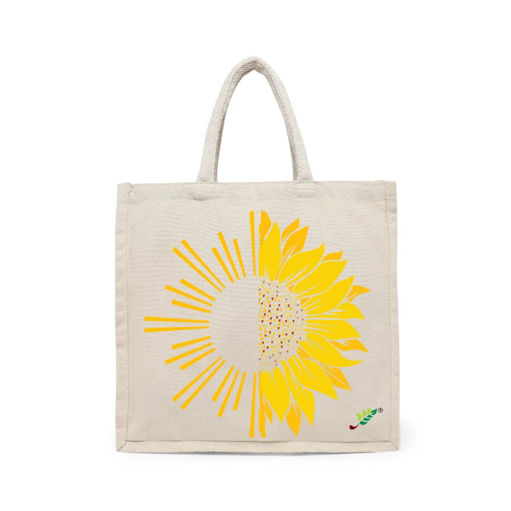 BYFT Artistic Sunflower Tote Bag – Dual-Nature Sun & Sunflower Printed Reusable Tote | Eco-Friendly Daily Carry Bag (Set of 1)