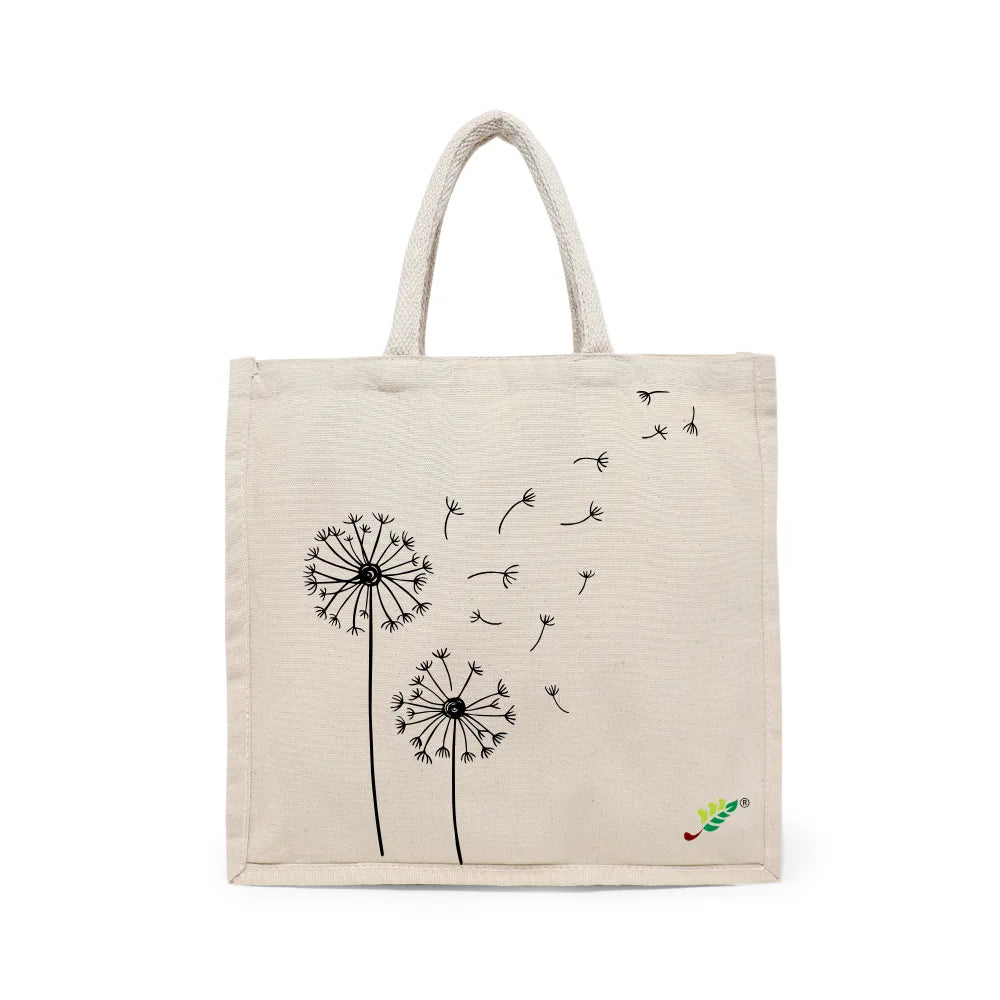 BYFT Aesthetic Nature Line Art Tote Bag – Dandelion Printed Reusable Tote | Eco-Friendly Daily Carry Bag (Set of 1)