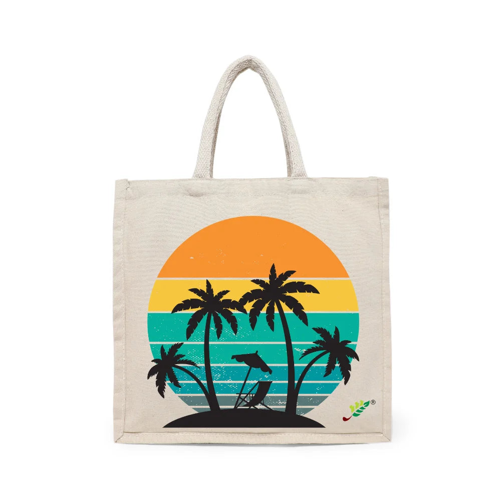 BYFT Retro Sunset & Palms Tote Bag – Vintage Tropical Beach Printed Reusable Tote | Eco-Friendly Daily Carry Bag (Set of 1)