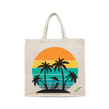 BYFT Retro Sunset & Palms Tote Bag – Vintage Tropical Beach Printed Reusable Tote | Eco-Friendly Daily Carry Bag (Set of 1)