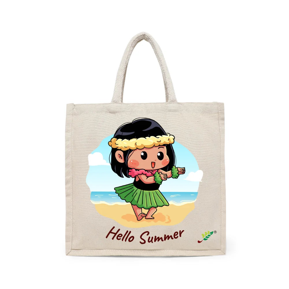 BYFT Little Island Dancer Tote Bag – “Hello Summer” Hula Girl Printed Reusable Tote | Eco-Friendly Daily Carry Bag (Set of 1)