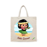 BYFT Little Island Dancer Tote Bag – “Hello Summer” Hula Girl Printed Reusable Tote | Eco-Friendly Daily Carry Bag (Set of 1)