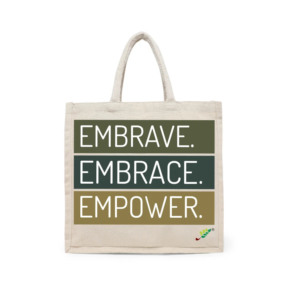 BYFT Inspirational Typography Tote Bag – “Embrave. Embrace. Empower.” Printed Reusable Tote | Eco-Friendly Daily Carry Bag (Set of 1)