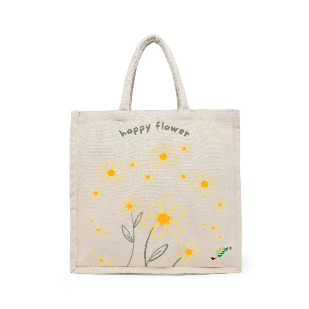 BYFT Whimsical Floral Tote Bag – “Happy Flower” Daisy Reusable Tote | Eco-Friendly Daily Carry Bag (Set of 1)