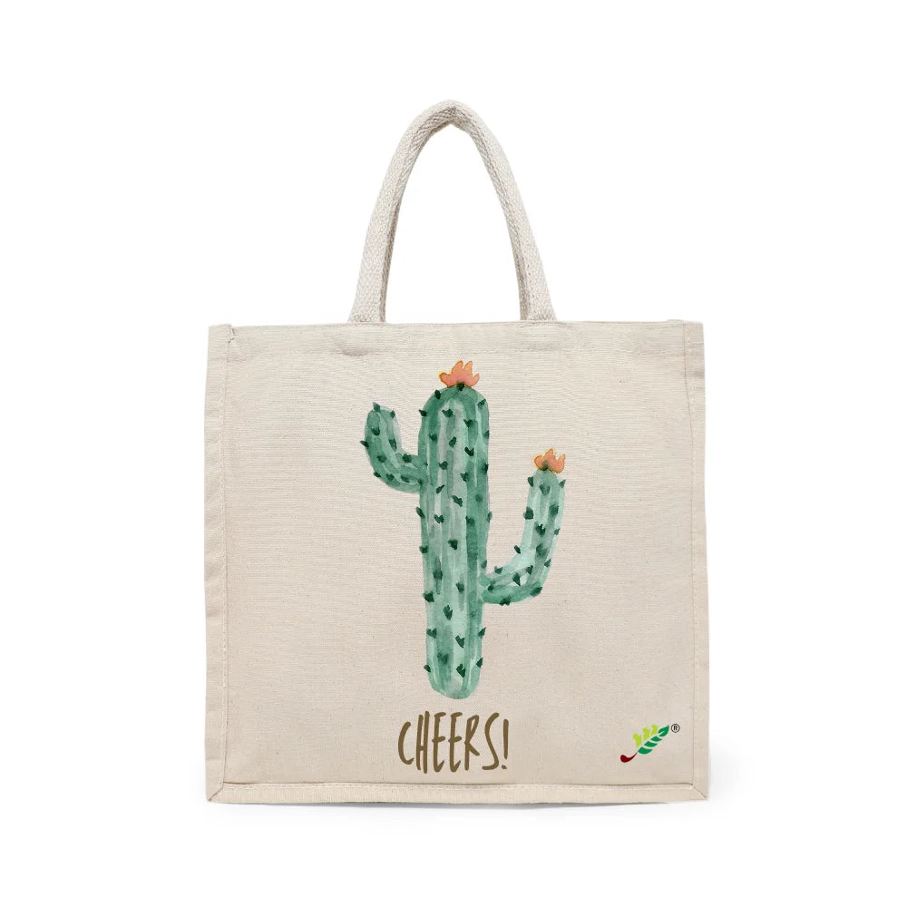 BYFT Aesthetic Desert Tote Bag – “Cactus Cheers!” Bloom Printed Reusable Tote | Eco-Friendly Everyday Carry Bag (Set of 1)