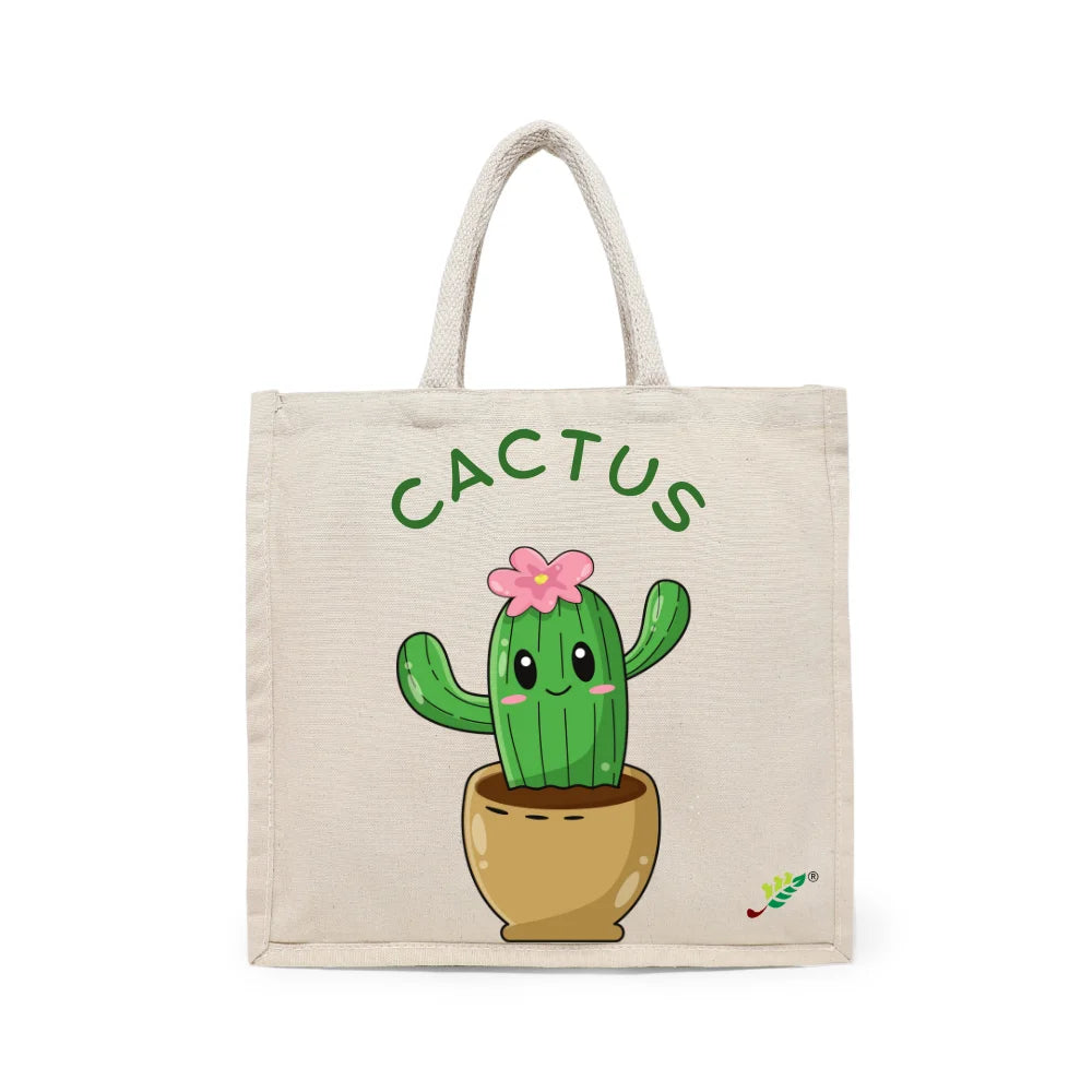 BYFT Adorable Succulent Tote Bag – Happy Cactus Floral Illustration Reusable Tote | Eco-Friendly Daily Carry Bag (Set of 1)