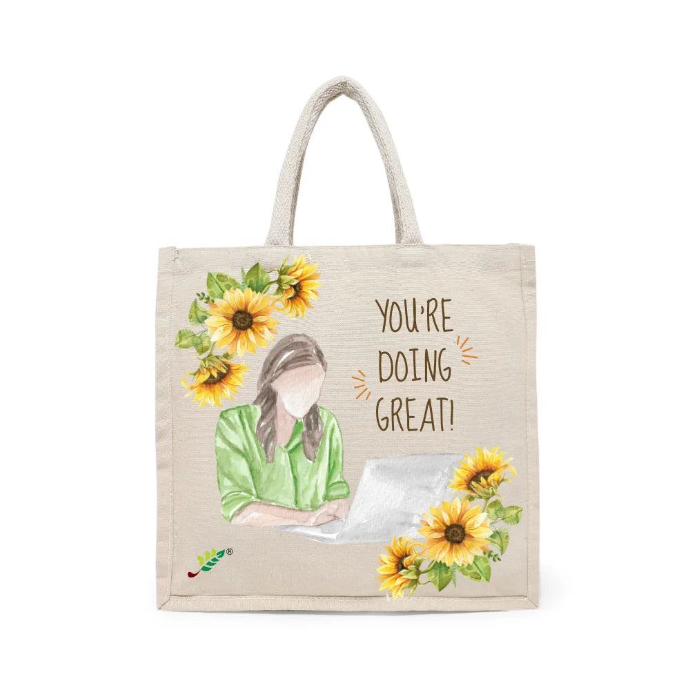 BYFT Inspirational "You're Doing Great" Tote Bag – Sunflower Printed Reusable Tote | Eco-Friendly Daily Carry Bag (Set of 1)